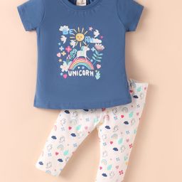 CUCUMBER Sinker Knit Half Sleeves Night Suit With Unicorn Print - Royal Blue & White-image-20