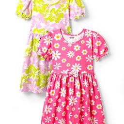 Honeyhap Premium Cotton Knit Half Puffed Sleeves Floral & Hearts Printed Bio Finish Frocks with Bow Applique Pack of 2 - Bright White & Carmine Rose-image-48