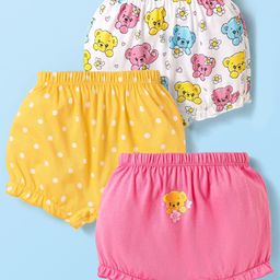 Babyhug 100% Cotton Knit Animal & Polka Dot Printed Bloomers Pack of 3 - Pink White & Yellow-image-68