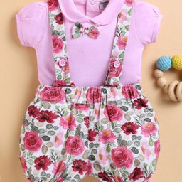 Wonderchild Interlock Bow Applique Detailed Floral Printed Dungaree With Half Sleeves Top - Pink-image-9