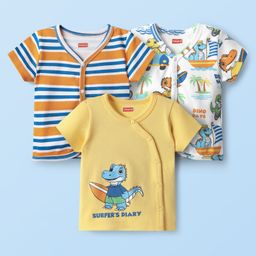 Babyhug 100% Cotton Knit Antibacterial Half Sleeves Striped & Dino Printed Front Open Vests Pack of 3 - Yellow White & Orange-image-88