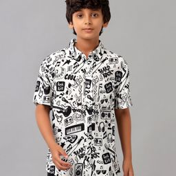 Under Fourteen Only Rayon Woven Half Sleeves Music Theme Printed Shirt - Black-picture-46