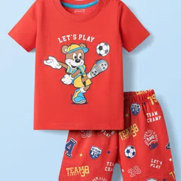 Babyhug Cotton Knit Half Sleeves Shorts Night Suit With Football & Cartoon Print - Red-picture-20