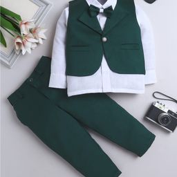 Fourfolds Woven Full Sleeves Solid 3 Piece Party Suit Set With Bow - Dark Green-image-99