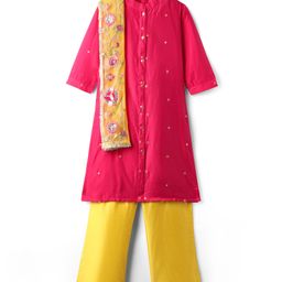 Pine Kids Woven Three Fourth Sleeves Kurta Palazzo Set with Dupatta Floral Embroidery & Sequin & Lace Detailing - Yellow & Dark Pink-image-114