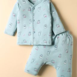 Simply Sinker Knit Full Sleeves Co-ord Night Suit with Cat Print - Light Blue-picture-28