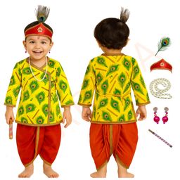 Sarvda Satin Woven Janmashtami Theme Full Sleeves Krishna Costume Set With Morpankh Mala Kundal & Flute Set - Red & Yellow-image-5
