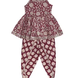 AATYA KIIDS Cotton Woven Sleeveless Floral Printed & Gota Lace Embellished Peplum Top & Dhoti Set - Maroon-picture-2