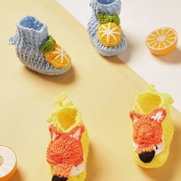 MayRa Knits Knit Set Of 2 Fruit & Fox Applique Detailed Booties - Blue & Yellow-picture-10