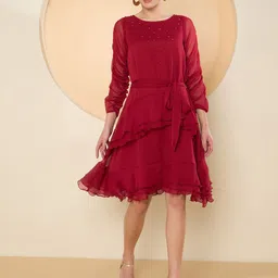 Antheaa Women Chiffon Fit & Flare Embellished Dress-image-39