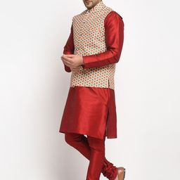 Benstoke Men Maroon Regular Dupion Silk Kurta with Pyjamas image 4