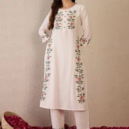 Indo Era Women Floral Embroidered Regular Thread Work Pure Cotton Kurta with Trousers-51