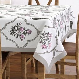 Texstylers White & Grey Floral Printed Anti-Slip Cotton 6-Seater Table Cover-image-6