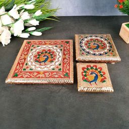 apka mart Beige & Red 3 Pieces Meenakari Pooja Chowki-image-23