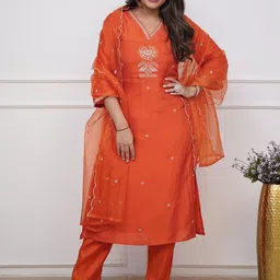 Divyadham Textiles Floral Embroidered Chanderi Silk Straight Kurta With Trousers & Dupatta-picture-34