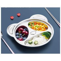 Stainless Steel Divided Meal Plate Tray 3 Compartments Dinner Dish Bear Shape Silver-18