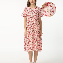Bella Mama Viscose Half Sleeves Maternity Dress With Pocket Floral Print- Pink-picture-22