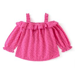 Babyhug 100% Cotton Schiffli Threefourth Sleeves Off-Shoulder Top With Frill & Pom-Pom Lace Detailing - Pink-image-36