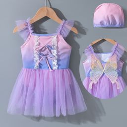 Kookie Kids Frill Sleeves Frock Swimsuit with Butterfly Wings Applique Lace Detailing & Cap -  Purple-image-16