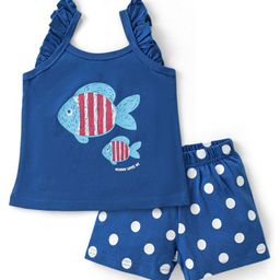 Babyhug Single Jersey Frilled Sleeves Night Suit Fish Print - Blue-image-81