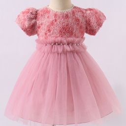 Kookie Kids Half Sleeves Party Frock with Floral & Pearl Detailing - Peach-image-77