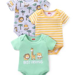 Babyhug Interlock Knit Half Sleeves Onesie With Animal Print Pack of 3 - Multicolor-image-35