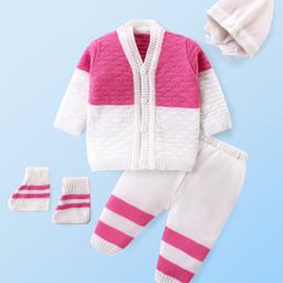 Babyhug Knit Full Sleeves Colour Blocked Sweater Set with Cap & Socks - White & Pink-image-114