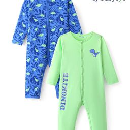 Babyoye 100% Cotton Knit With Eco Jiva Finish Full Sleeves Rompers With Dino Print Pack Of 2 - Blue & Green-image-52