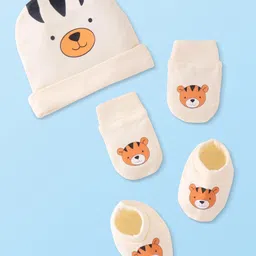Babyoye 100% Cotton Interlock Knit With Eco - Jiva Finish Cap Mitten & Booties with Tiger Print - Marshmellow-picture-8