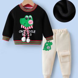 Kookie Kids Full Sleeves Winter Wear Set With Crocodile Print & Applique - Black-image-120