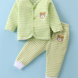 Bodycare Cotton Knit Full Sleeves Striped Thermal Inner Wear Set - Green & White-image-9