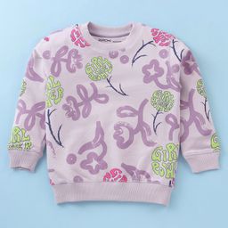 Doreme Terry Knitted Full Sleeves Sweatshirt With Floral & Text Print - Lilac-image-110