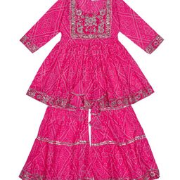 AATYA by Shruti Agarwal Cotton Three Fourth Sleeves Bandhej Design & Gota Lace Embellished Kurta With Sharara Set - Pink-image-27