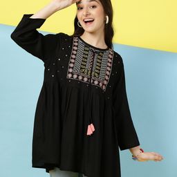 ISHTI Rayon Three Fourth Sleeves Floral Embroidered & Mirror Work Detailed Top - Black-image-18