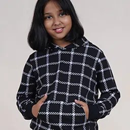 Kiddopanti Fleece Full Sleeves Checked Hooded Sweatshirt - Black-picture-22
