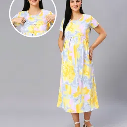 True Shape Half Sleeves Tie Dye Maternity Gown With Zipless Nursing Access - Yellow-picture-22