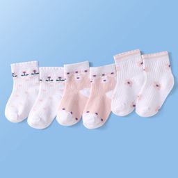 Doodle Poodle Cotton Knit Ankle Length Socks with Floral Design Pack of 3 - Bright White & Pink-picture-19