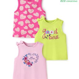 Babyoye 100% Cotton Interlock Knit Eco Jiva Finish Floral & Hearts Printed Tank T-Shirts with Bow Applique Pack of 3 - Light Green Dark & Light Pink-image-17