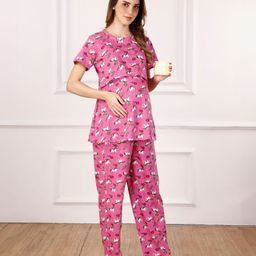 Bella Mama Cotton Knit Half Sleeves Nursing Night Suit with Unicorn Print - Dark Pink-picture-8