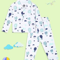 The Mom Store Cotton Knit Full Sleeves Hot Air Balloon Printed Coordinating Night Suit Set - White & Blue-image-78