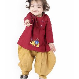 Little Ginnie Cotton Full Sleeves Floral & Elephant Embroidered Kurta & Dhoti Set - Maroon-picture-18