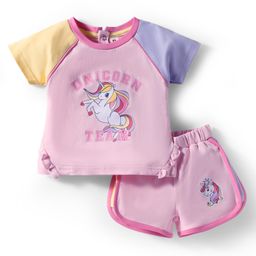 ToffyHouse 100% Cotton Knit Half Raglan Sleeves Unicorn Printed Top & Bottonwear Set - Light Pink-picture-39
