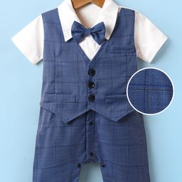 Mark & Mia Woven Half Sleeves Checks Party Romper With Attached Waistcoat & Bow - Blue-image-54