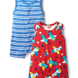 Babyhug 100% Cotton Knit Sleeveless Striped & Airplane Printed Rompers Pack of 2 - Red & Blue-image-44