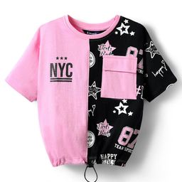 Pine Kids Cotton Knit Half Drop Shoulder Sleeves Cut & Sew T-Shirt with Star Print - Pink-picture-37
