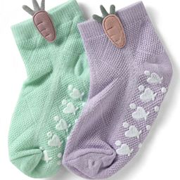 Babyoye Cotton Bamboo Knit Ankle Length 3D Carrot Toy Anti Skid Socks Pack of 2 - Sea Green & Lavender-image-27
