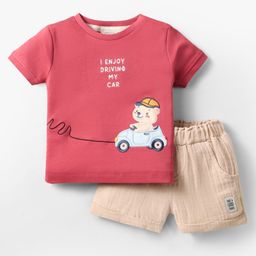 Ollypop Sinker Knit Half Sleeves T-Shirt and Shorts Set with Teddy Patch & Text Embroidery - Dark Pink-picture-16