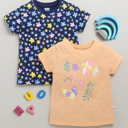 BUMZEE Cotton Knit Half Sleeves T-Shirts with Floral Print Pack of 2 - Navy Blue & Orange-picture-45