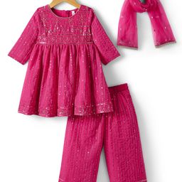 Babyhug Woven Full Sleeves Kurti Palazzo & Dupatta Set With Sequin Embriodery - Pink-image-2