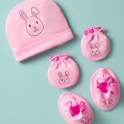 Ben Benny 100% Cotton Knit Cap Mitten & Booties Set With Bunny Print Pink - Diameter 9 cm-picture-46